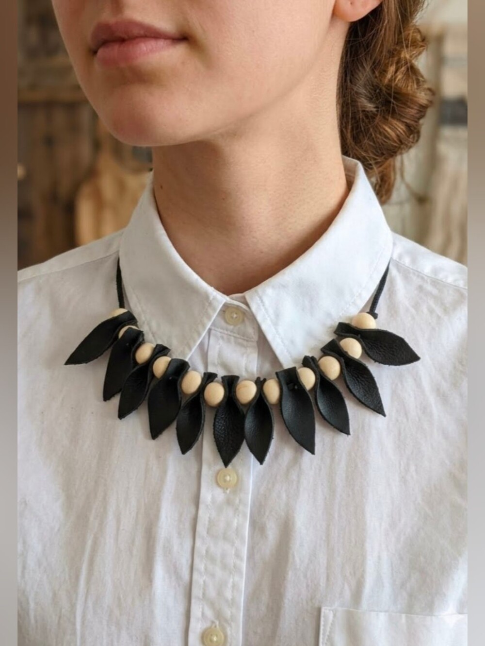 Handmade Genuine Leather Natural Wood Necklace Choker Bracelet Black #01